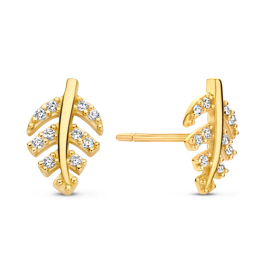 Stud earrings leaf with 20 zirconia gold 585/000